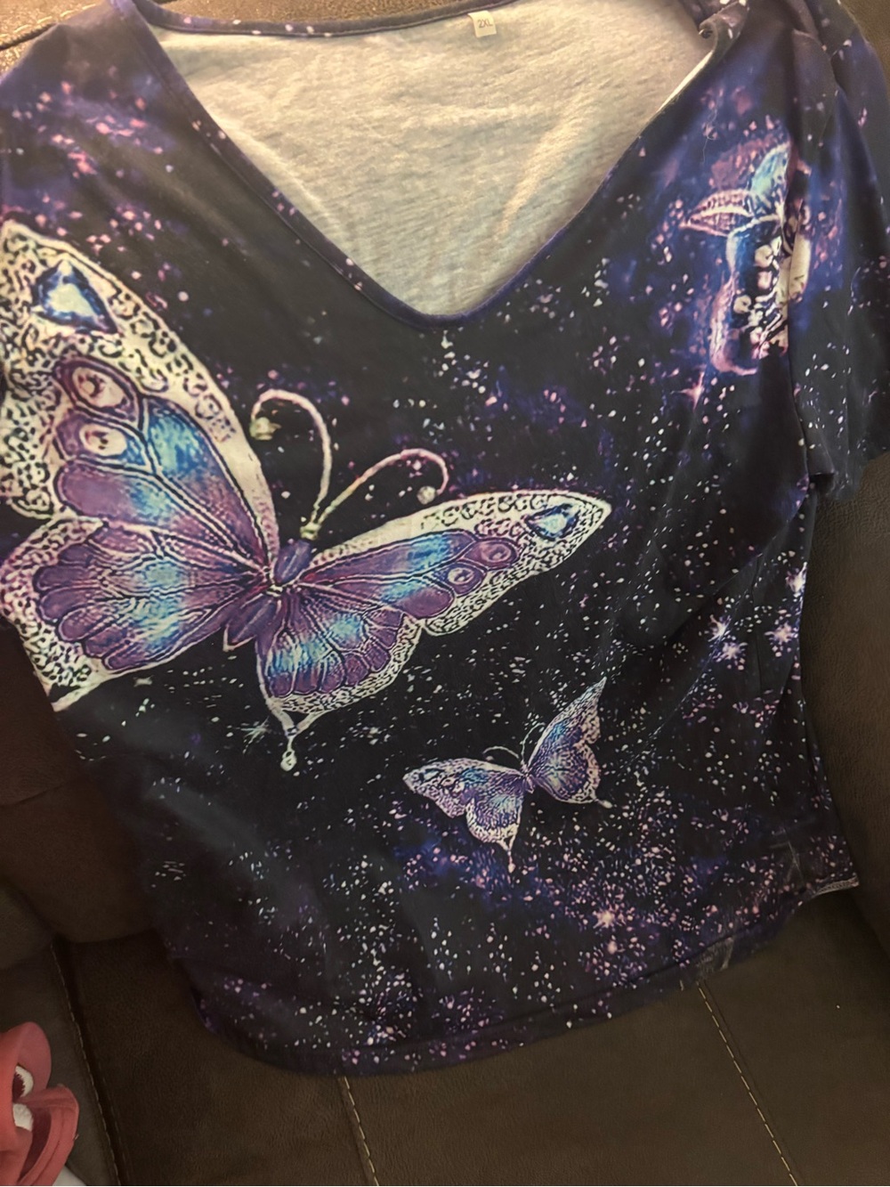 Galaxy Butterfly Print V-Neck Top in Purple and Blue